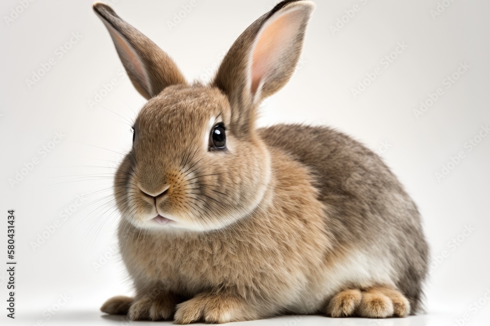 On a white background, a rabbit looks at the camera. Generative AI