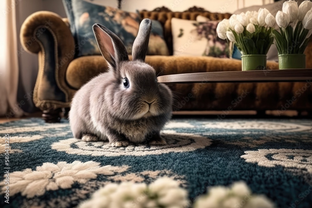 Next to the girl at home on the carpet in the living room is a decorative rabbit. Lovely animals. Ge