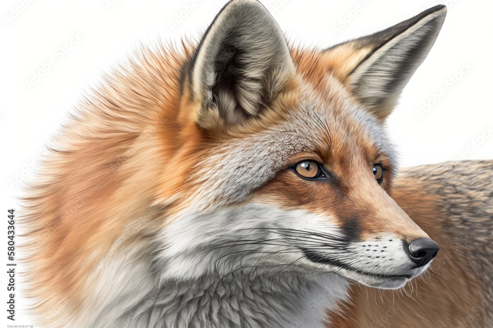 American red fox (Vulpes vulpes) close up cropped detailed portrait on a white background, side view