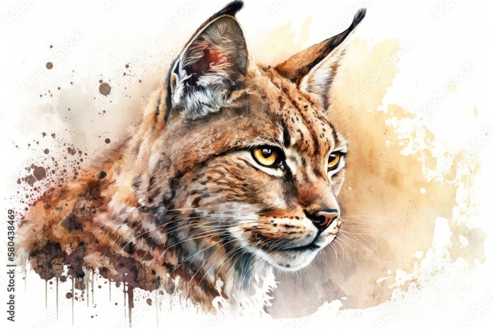 Lynx drawn in watercolor. Portrait on a white background as a picture. Generative AI