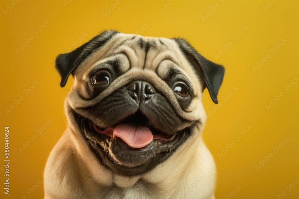 Happy Adorable Dog smile on yellow background. Cute Puppy Pug breed happiness ready for summer. Gene