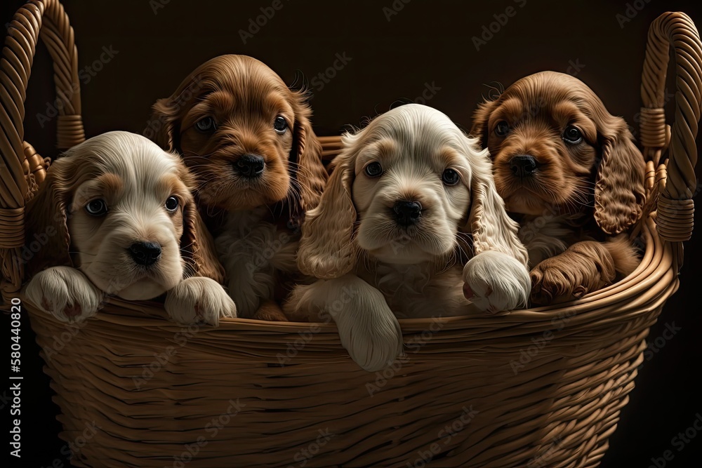 In the house, there is a basket with four Cocker Spaniel puppies in it. Love for dogs. Cocker Spanie