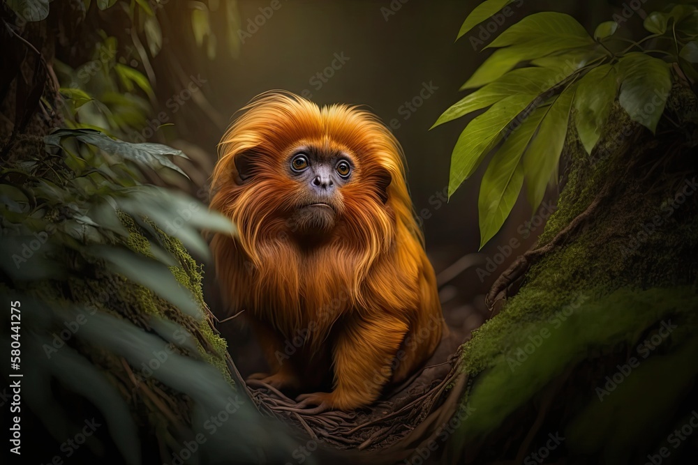 In a forest near Unamar, Rio de Janeiro State, Brazil, an endangered and rare Golden Lion Tamarin lo