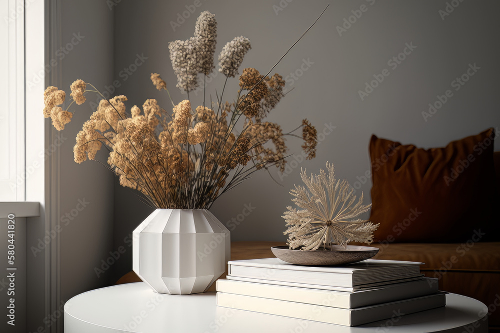 A minimalist and designer composition of dried flowers. Illustration AI Generative