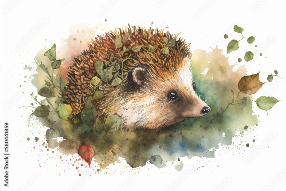 Hand drawn watercolor image of a small, cute hedgehog that looks like a real forest animal. Generati