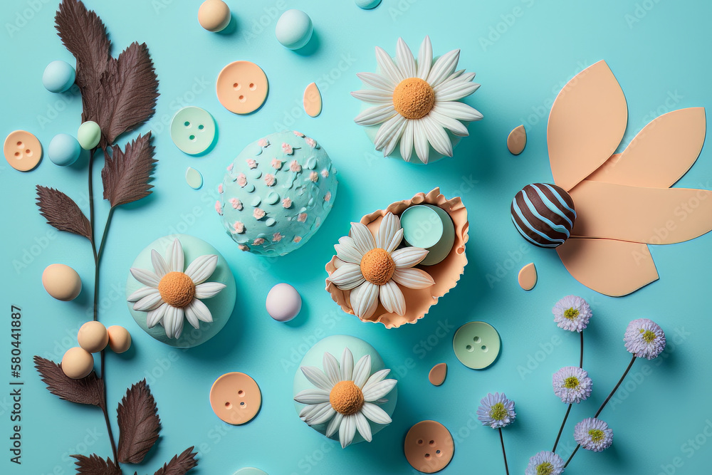 Easter composition. Easter eggs flowers paper stock. Illustration AI Generative