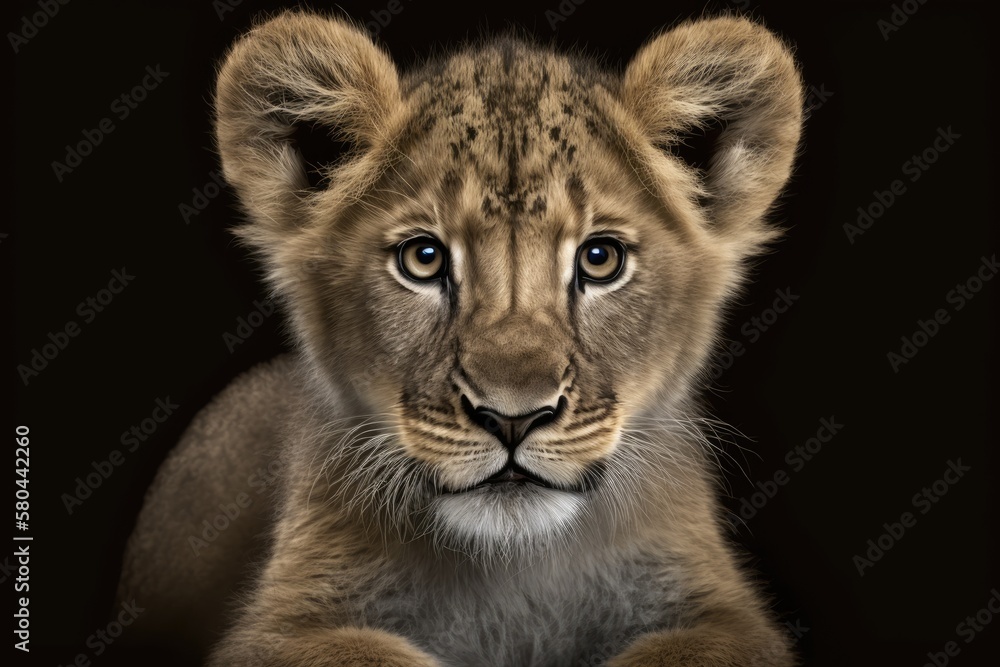 Front view of a portrait of a lion cub looking at the camera, isolated on a black background. Genera