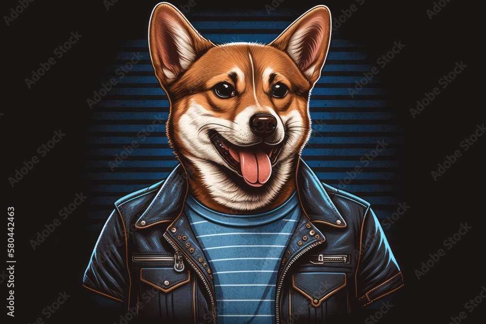 Funny dog Shiba Inu wearing a leather jacket and striped t shirt with a happy, cocky, and relaxed sm