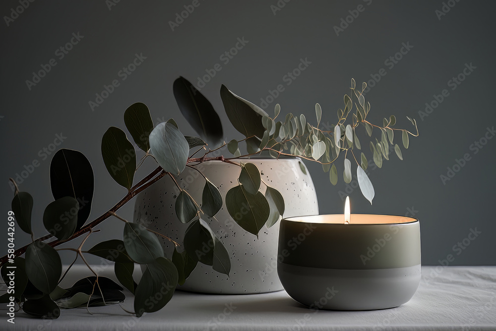 Eucalyptus leaf branch in white bowl and burning candle. Illustration AI Generative