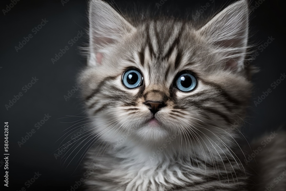 Gray tabby kitten with blue eyes seen up close. Idea about pets and how people live. On a grey backg