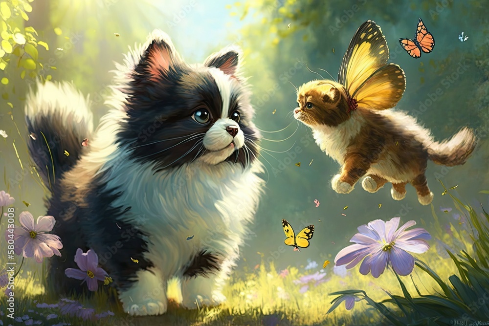 cute fluffy friends In a sunny summer garden, a cat and a dog catch a butterfly in flight. Generativ