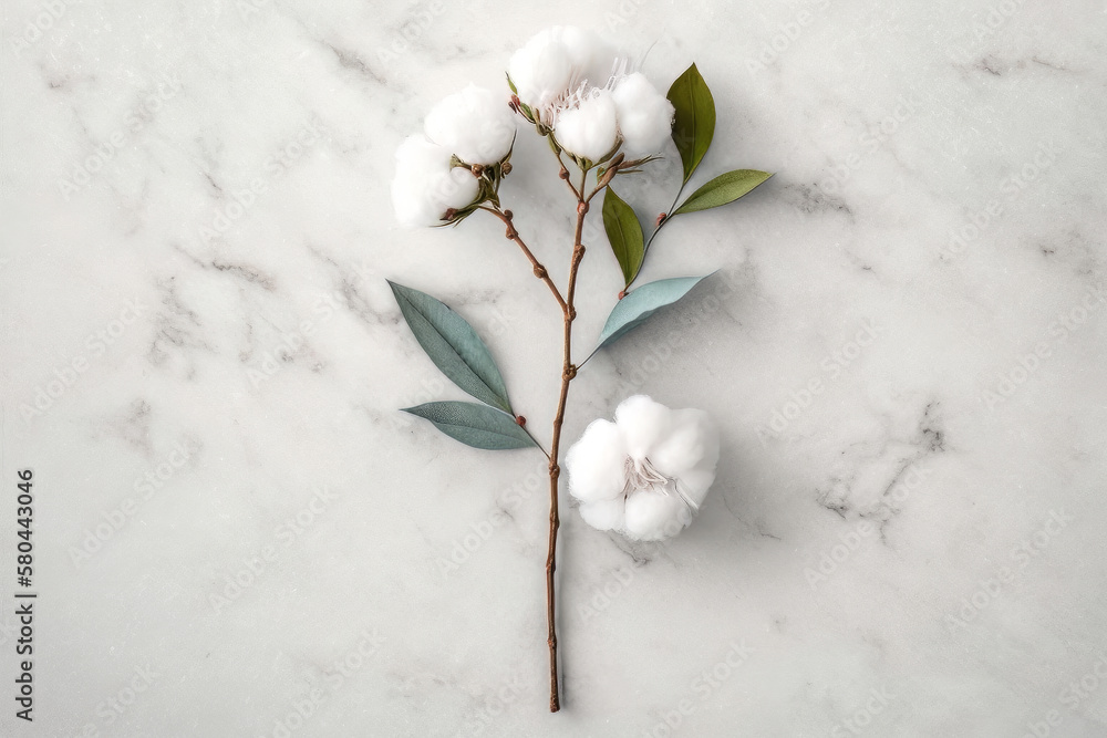 Cotton flower branch on white marble background. Illustration AI Generative