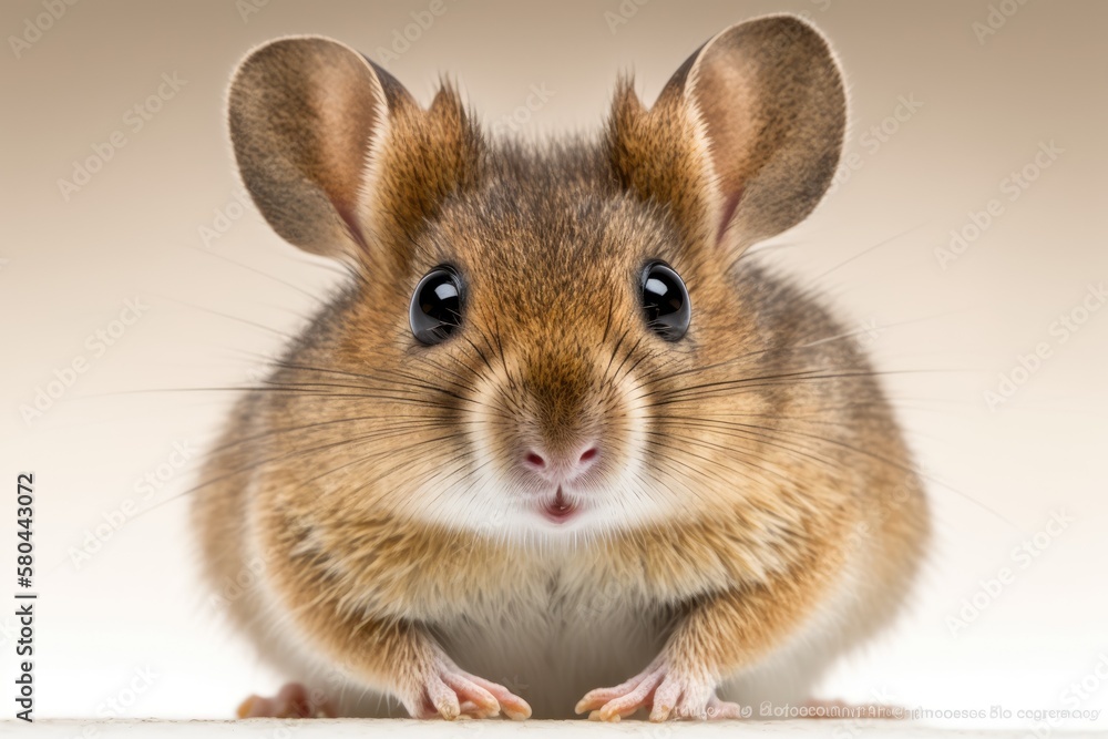 Cute Funny Wood mouse (Apodemus sylvaticus) with cute brown eyes looking at the camera on a white ba