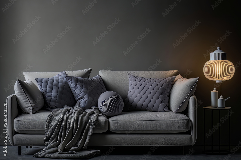 Couch with pillows glowing lamp on table at home on gray background. Illustration AI Generative