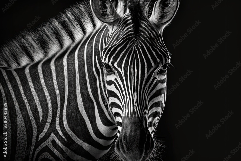 Detail of a zebra with its stripes. Portrait of a zebra taken up close. Black and white picture. Gen