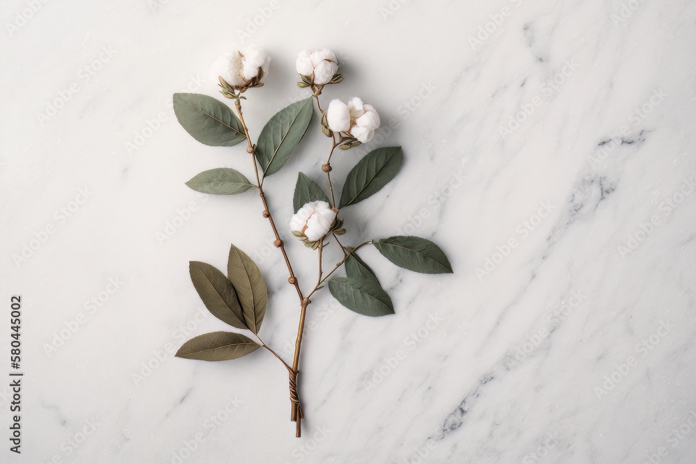 Cotton flower branch on white marble background. Illustration AI Generative