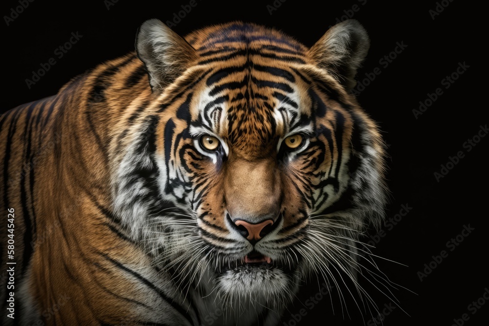 Face of an angry Sumatran tiger, angry animal, head of a Sumatran tiger up close with a gray backgro