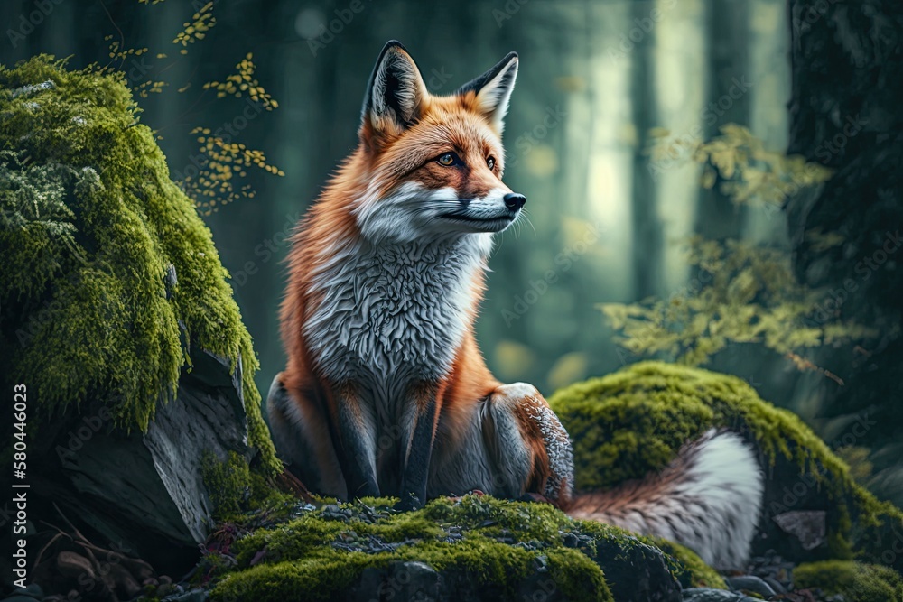 Fox in green forest. Red Fox, Vulpes vulpes, sitting on mossy stone in the forest. Scene of wildlife