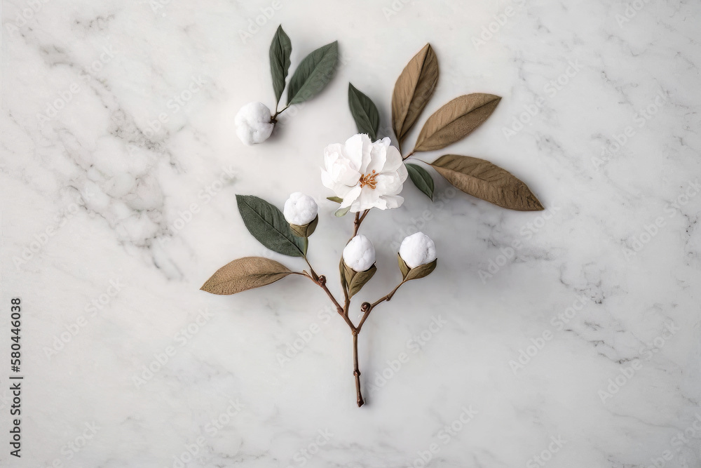 Cotton flower branch on white marble background. Illustration AI Generative