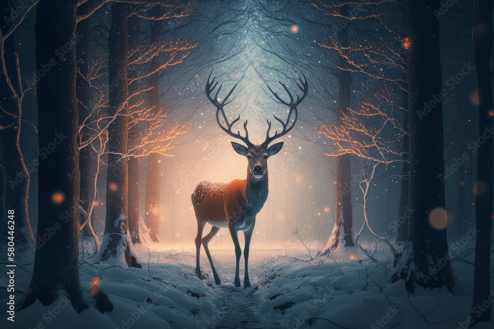 Magic winter forest with deer and lights. Illustration AI Generative