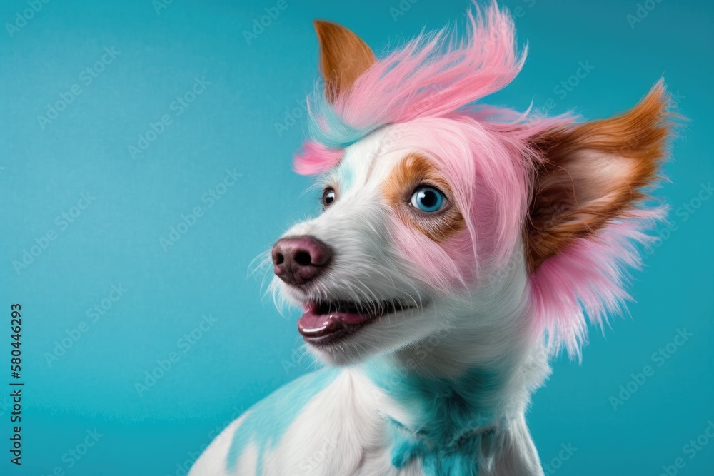 Funny side view of a dog with a pink wig licking on a blue background. Teenage hair style that is st