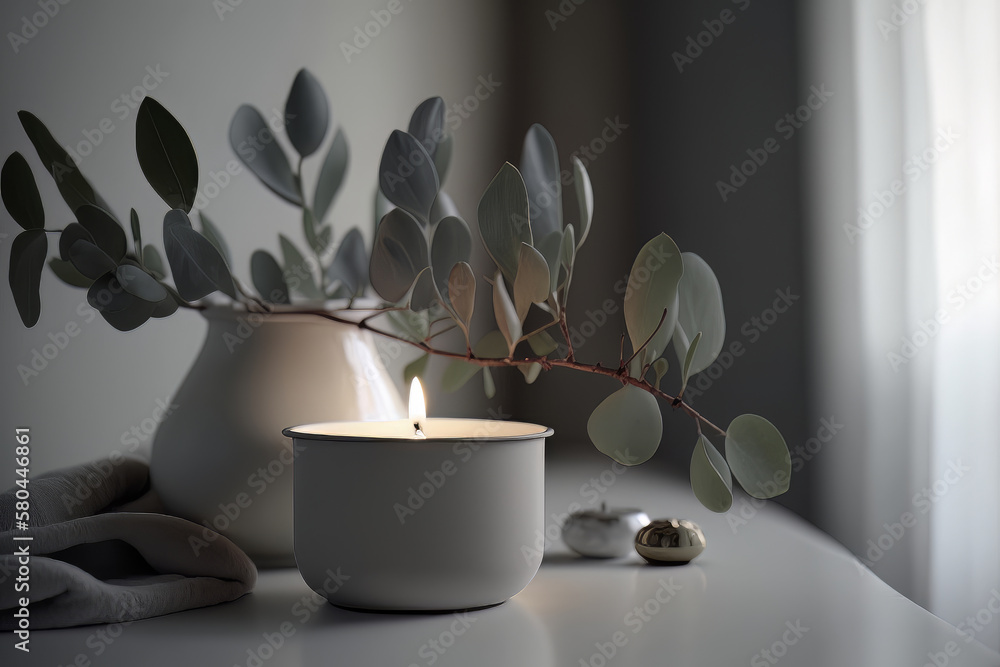 Eucalyptus leaf branch in white bowl and burning candle. Illustration AI Generative