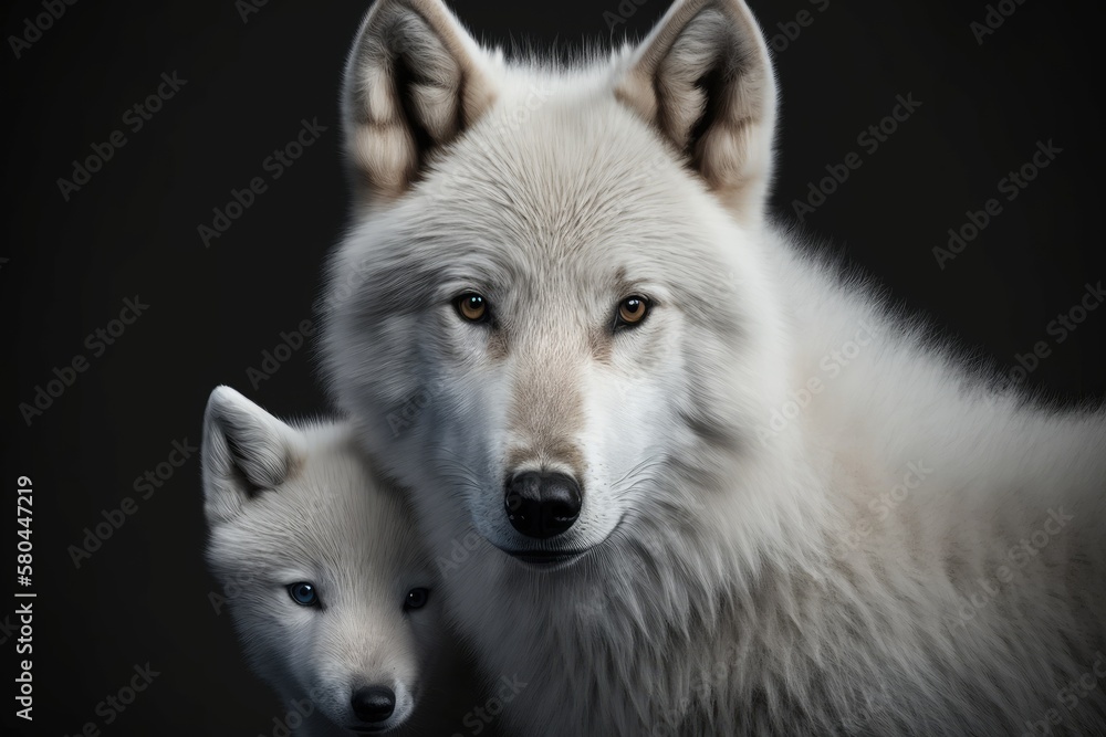 Canis lupus arctos, a white Arctic wolf, with a cute and playful wolf cub on its head. Wild animals 