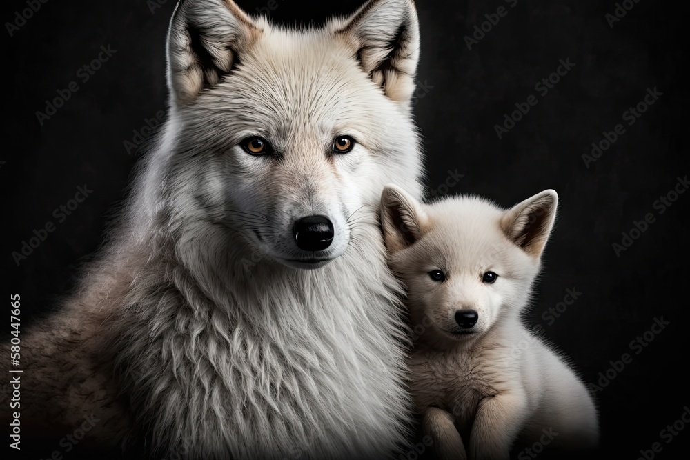 Canis lupus arctos, a white Arctic wolf, with a cute and playful wolf cub on its head. Wild animals 