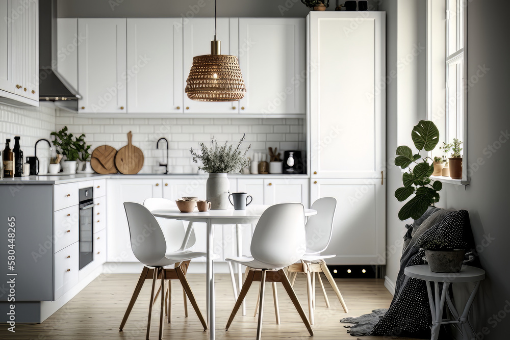 Scandinavian classic white kitchen with wooden details. Illustration AI Generative