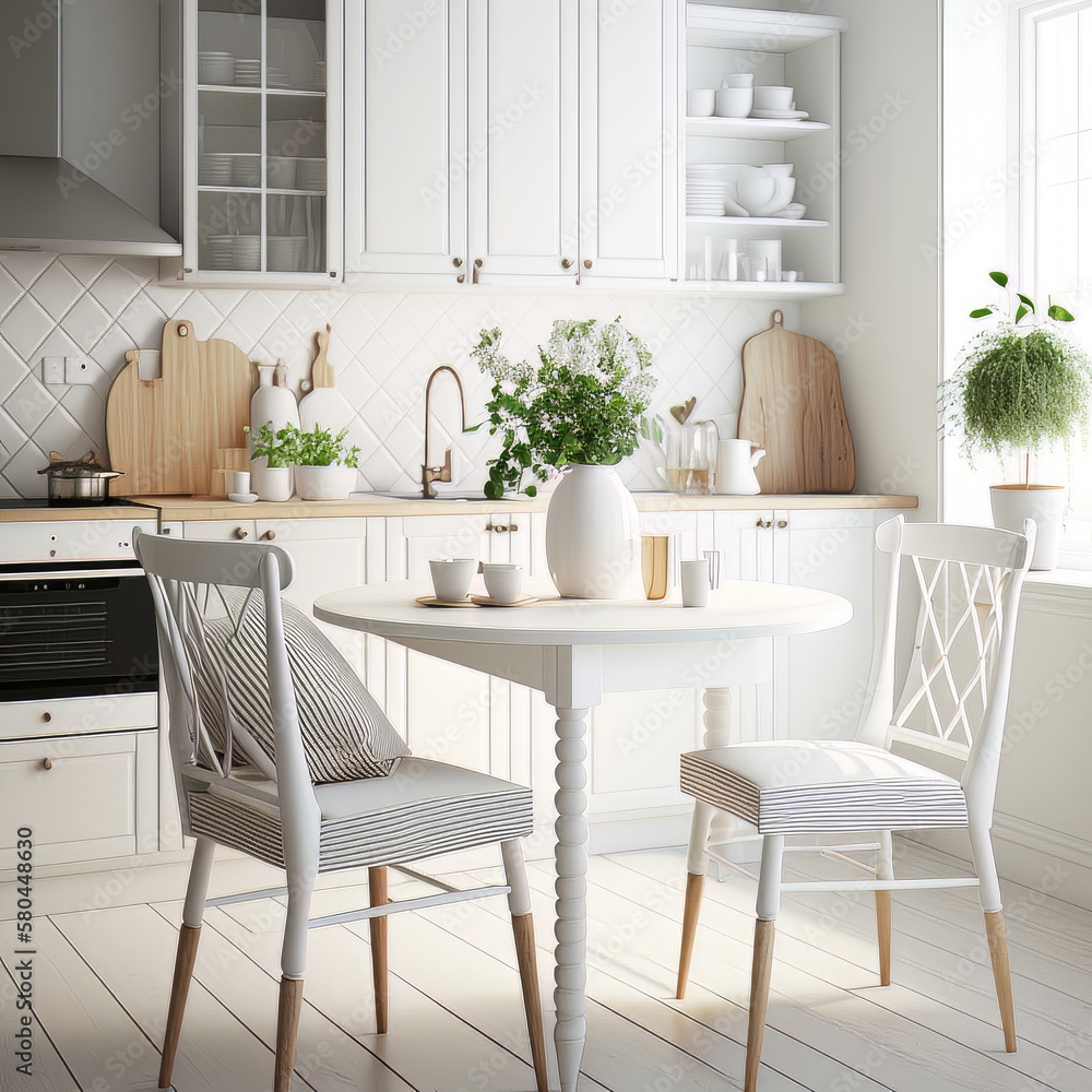 Scandinavian classic white kitchen with wooden details. Illustration AI Generative