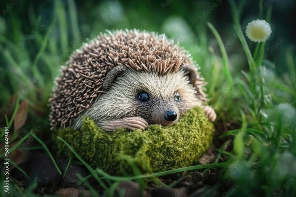 Close up of a hedgehog in the grass, curled into a ball and lying on its side. Animal out in nature.