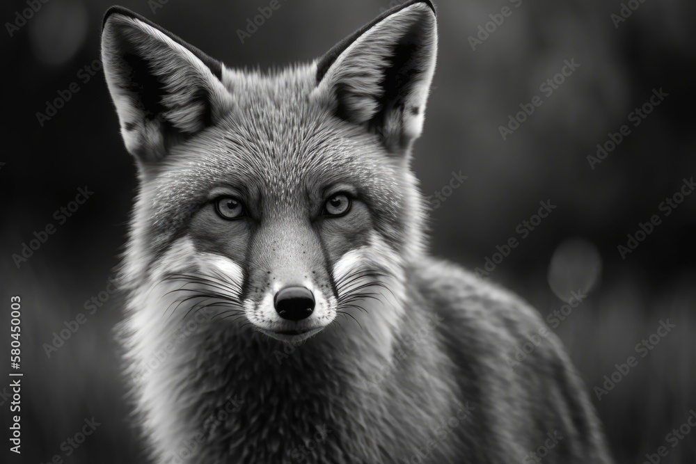 Close up black and white picture of a wild animal. Red Fox Is Brave and Cute Looking In the directio