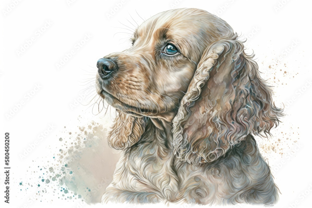 Cocker Spaniel, American. The wall has a sticker. A watercolor style drawing of a realistic, hand dr