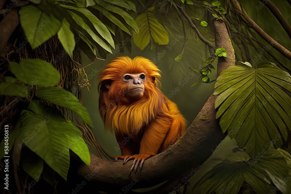 An endangered Golden lion tamarin (Leontopithecus rosalia) sitting on a tree in one of the few remai