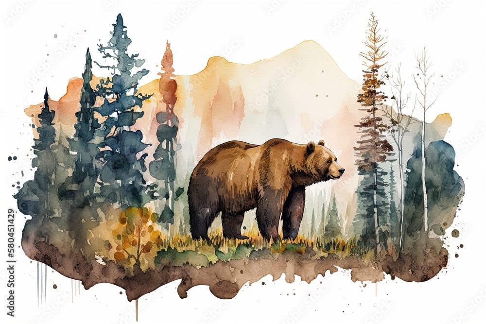 Bear in a forest and mountain scene. Painting with watercolors. A wild grizzly bear stands in the wo