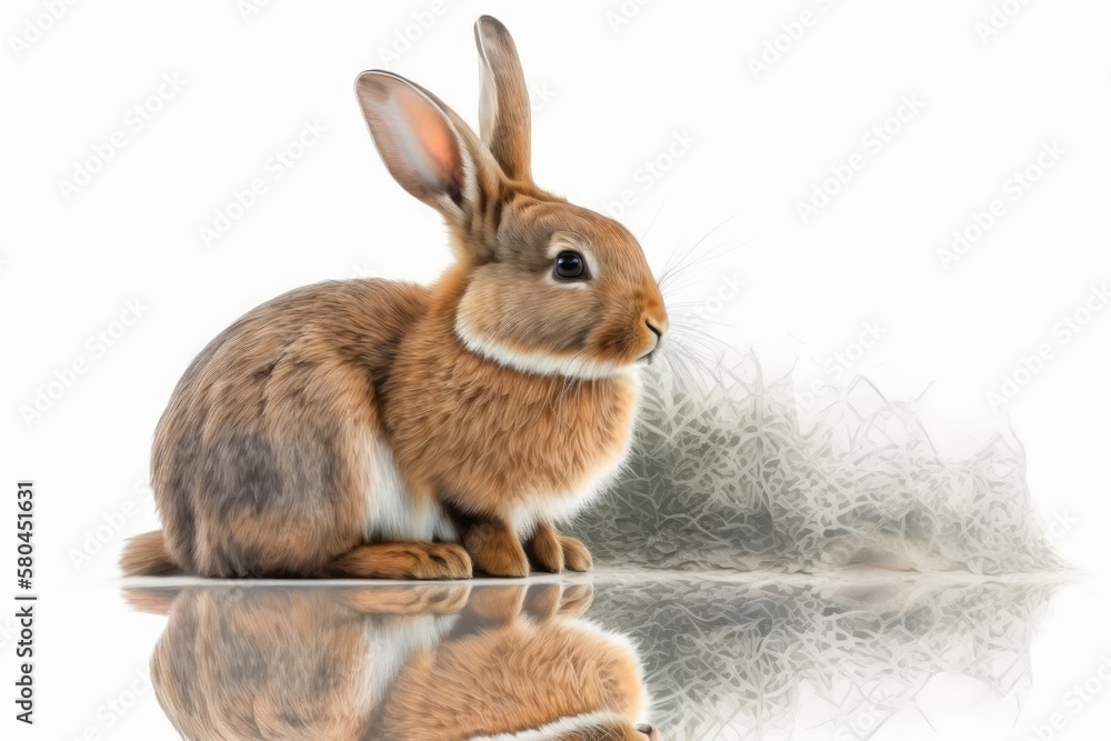 Beautiful and cute rabbit sitting. Sign on his head with his paw. Isolated on a white background, wi