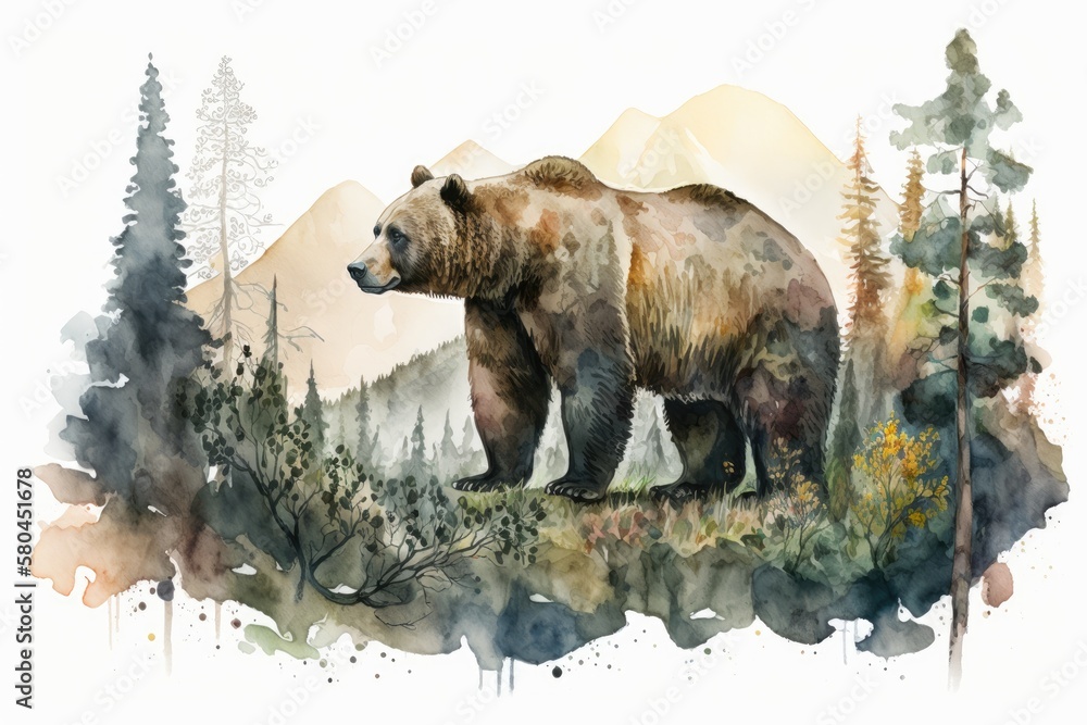 Bear in a forest and mountain scene. Painting with watercolors. A wild grizzly bear stands in the wo