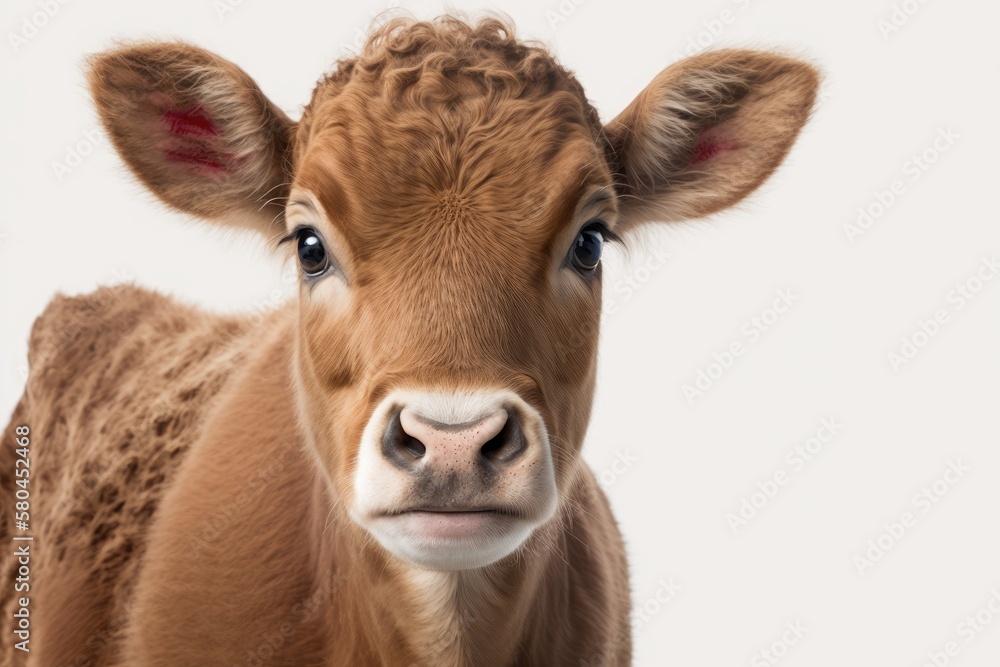 A young brown calf with only its face looking at the camera, set against a white background and with