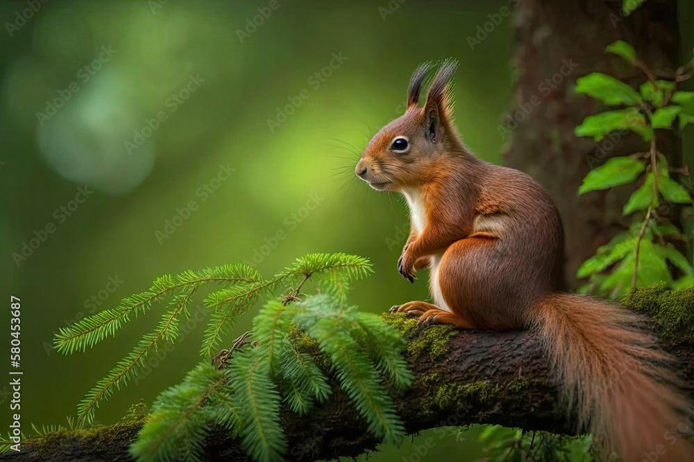 A picture of a squirrel (Sciurus vulgaris) sitting on a branch, set against a green background. Red 