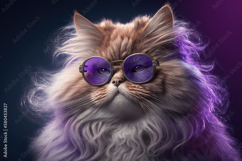 A picture of a straight, fluffy, highland cat with round sunglasses and long hair. Fashion, style, a