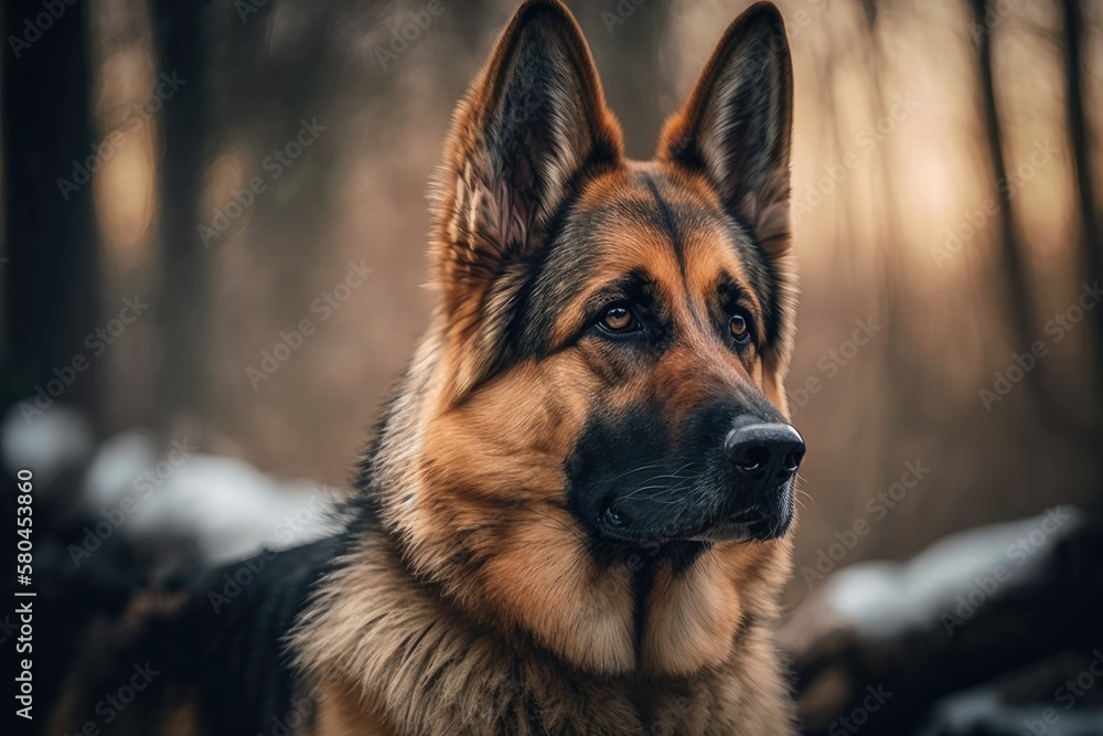 A picture of a German shepherd in front of a blurry background. Serious big dog breed German Shepard