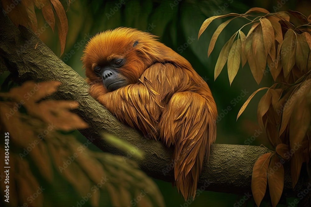 A rare and endangered Brown Howler is sleeping on a branch in So Paulo, Brazils Botanical Gardens. 