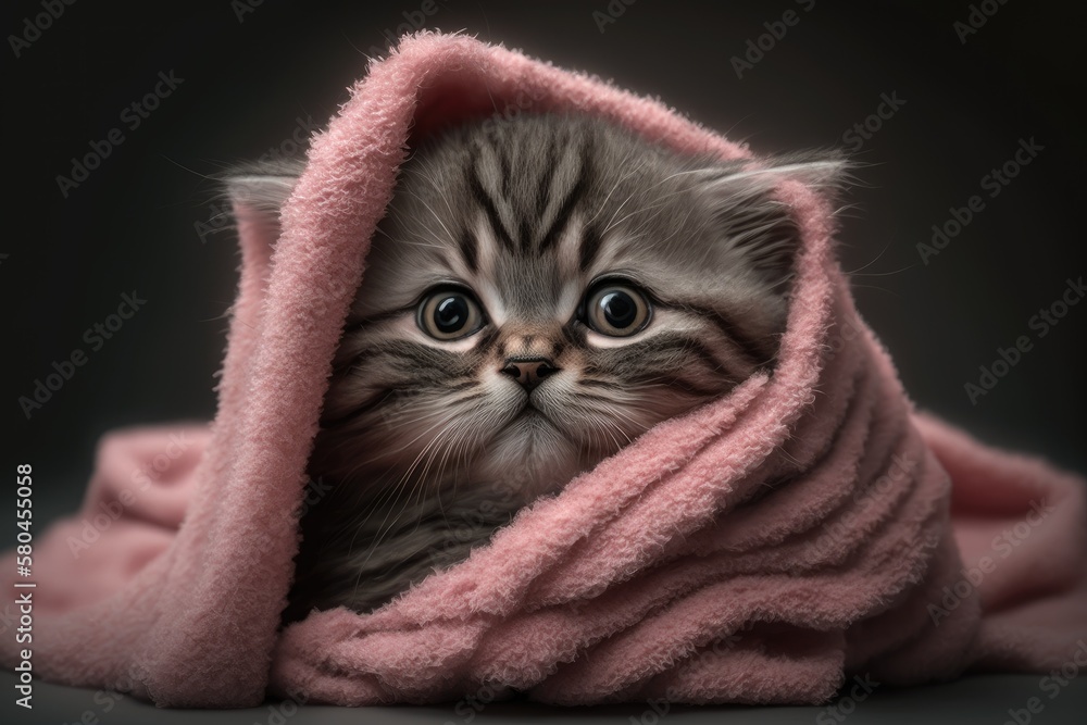 After a bath, a cute gray tabby kitten is wrapped in a pink towel and has a funny smile on its face.