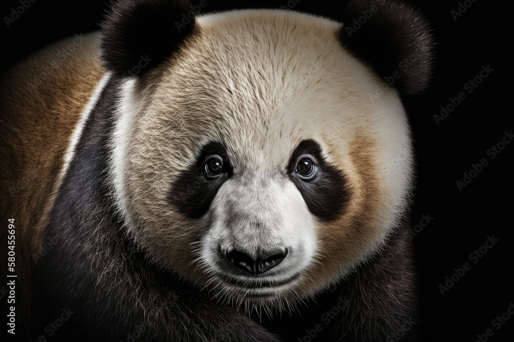 Face of a panda bear on a black background. Generative AI