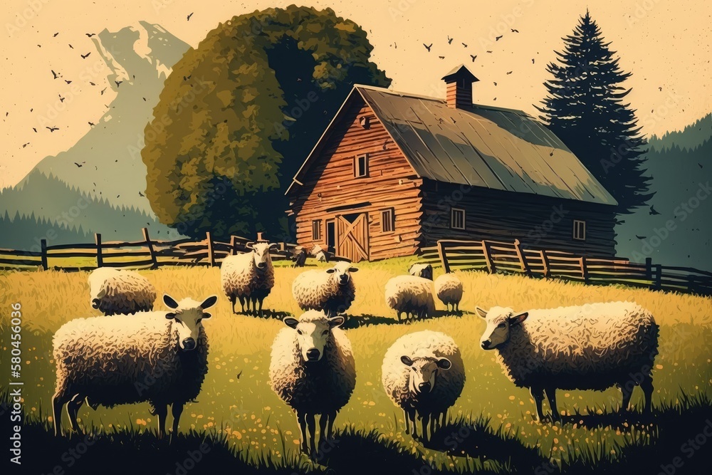 Farm with animals, flock of sheep. Generative AI