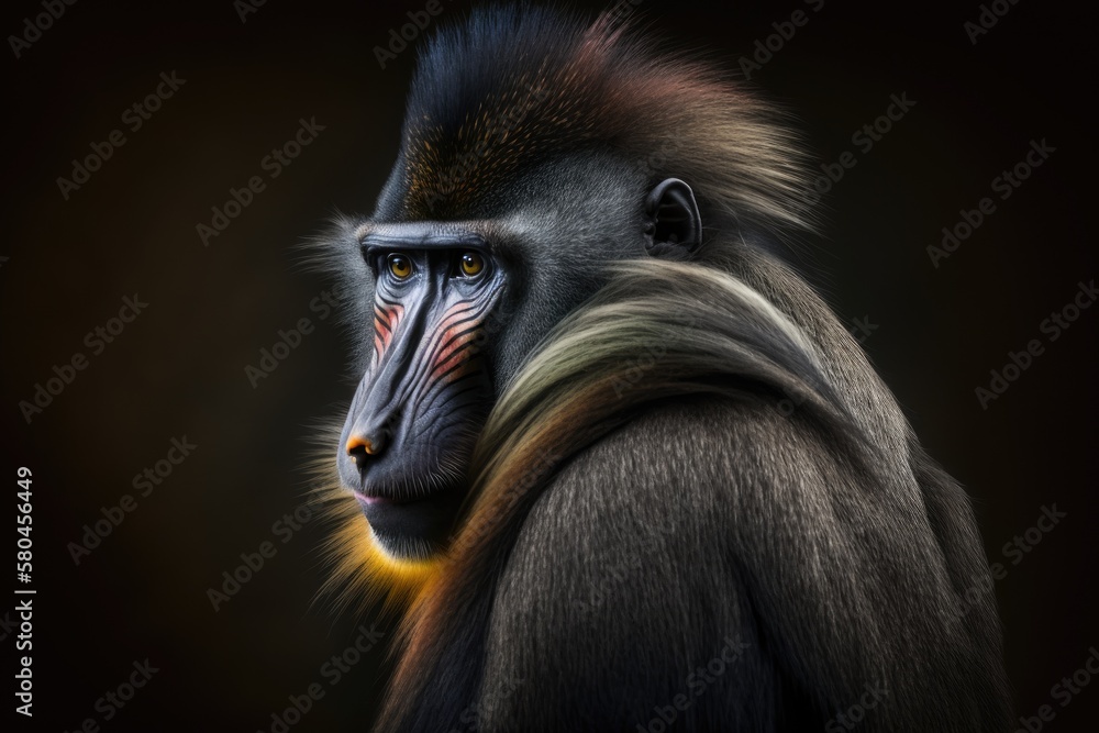 Frontal Portrait of a Male Mandrill Lit from Behind. Generative AI