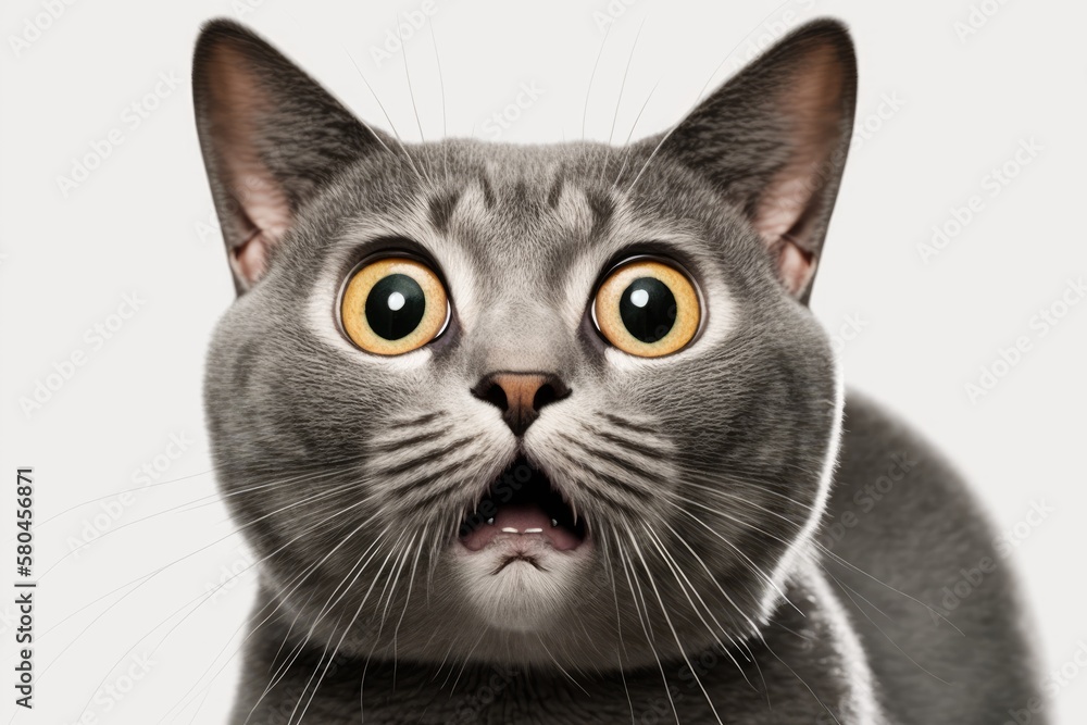 Gray cat with wide open eyes looking up with fear and surprise on white background. Generative AI