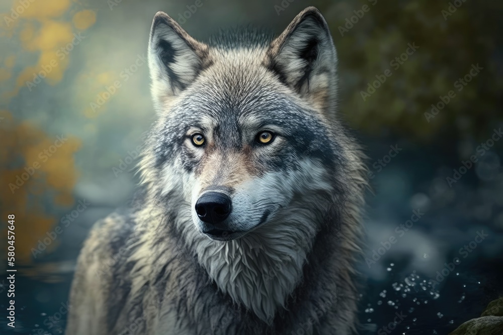 Grey Wolf Portrait an animal kept in a zoo Dawn in a magical forest. Generative AI