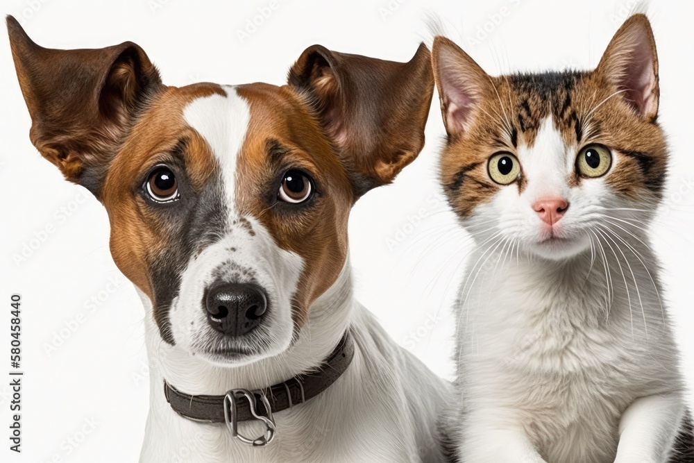 A picture of a cute dog A Jack Russell Terrier and a happy looking cat Scottish Straight, set off ag