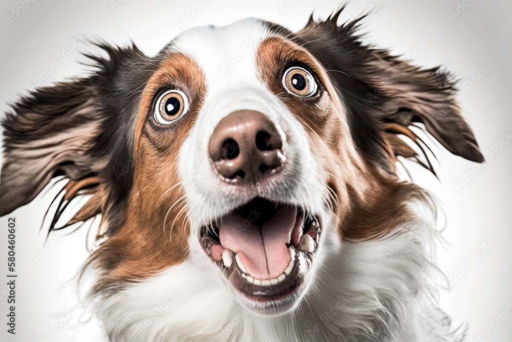 Dog is very happy and surprised. Headshot up close. Background is white. Generative AI